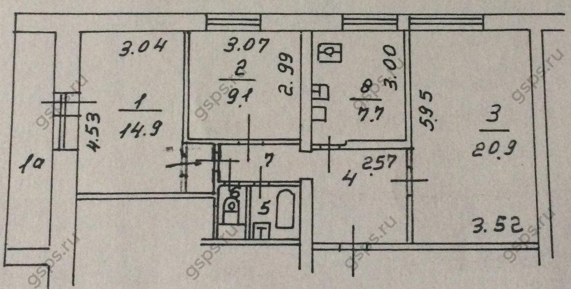 План БТИ трехкомнатной квартиры серии И522А
