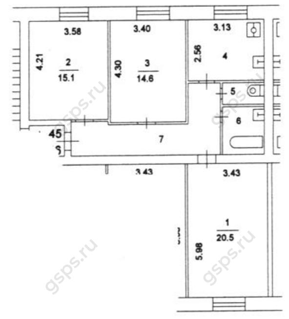 План БТИ трехкомнатной квартиры серии II-03