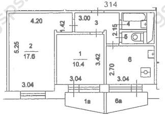 План БТИ двухкомнатной квартиры серии II-57