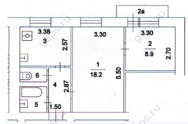 План БТИ серии II-14, двухкомнатная квартира