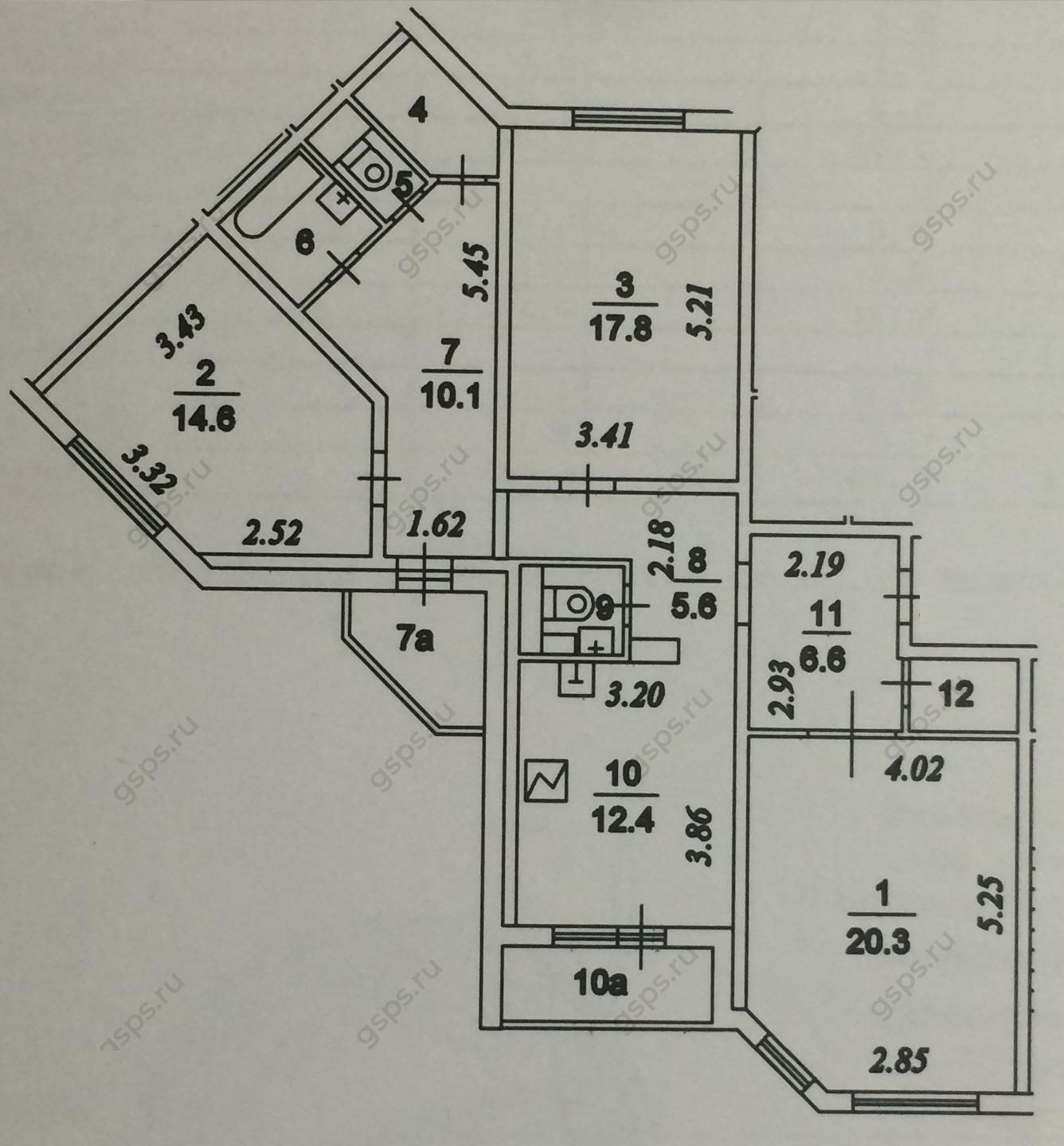 План БТИ трехкомнатной квартиры серии ИП46С