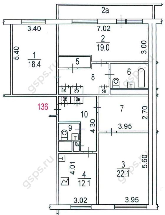 План БТИ четырехкомнатной квартиры серии дома КОПЭ-87