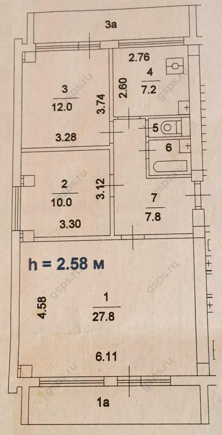 План БТИ трехкомнатной квартиры серии МГ601