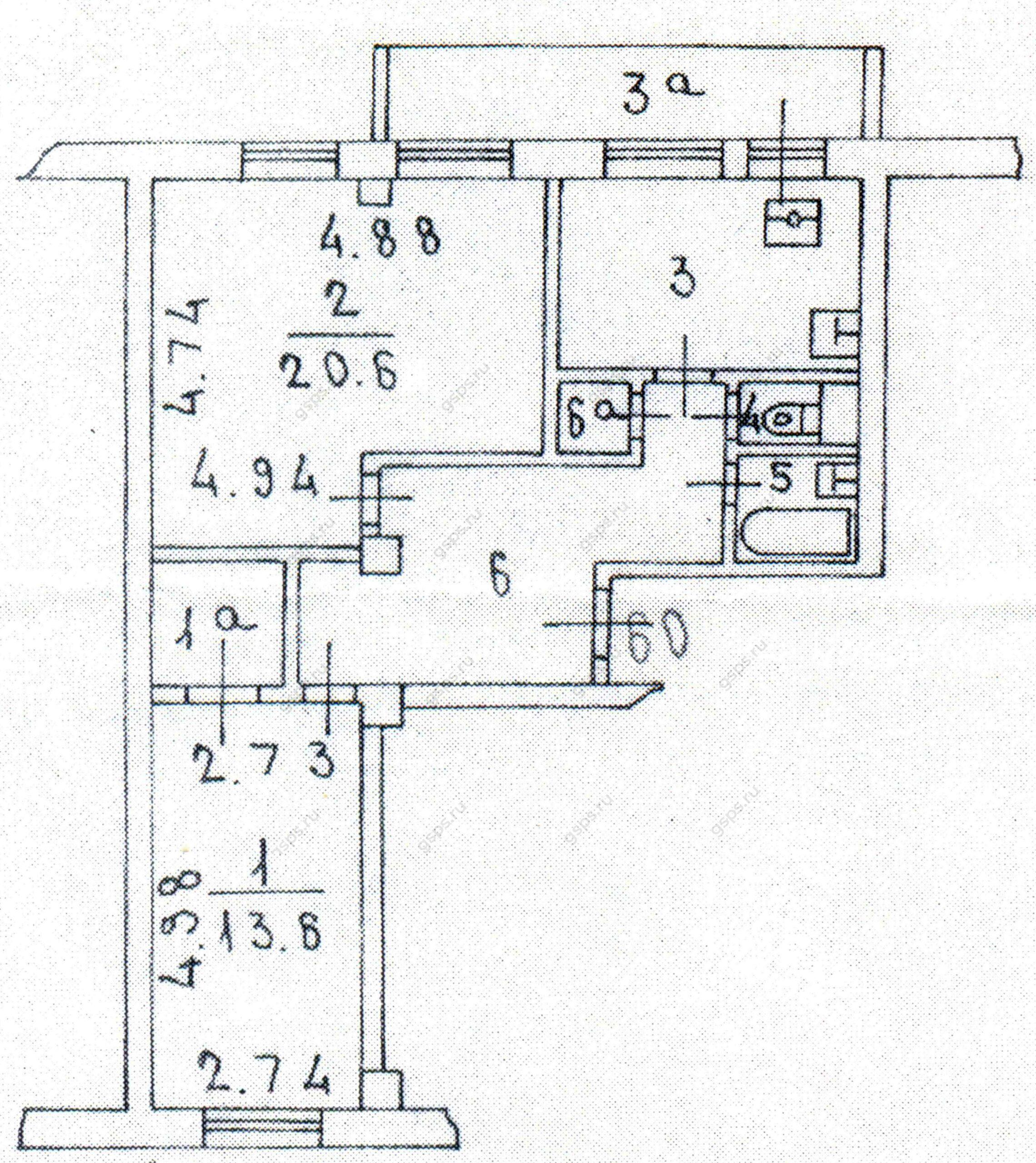 План БТИ двухкомнатной квартиры серии 1МГ-601Д